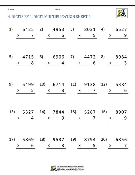 multiplication 4-digit by 1-digit|4 digit multiplication worksheets.